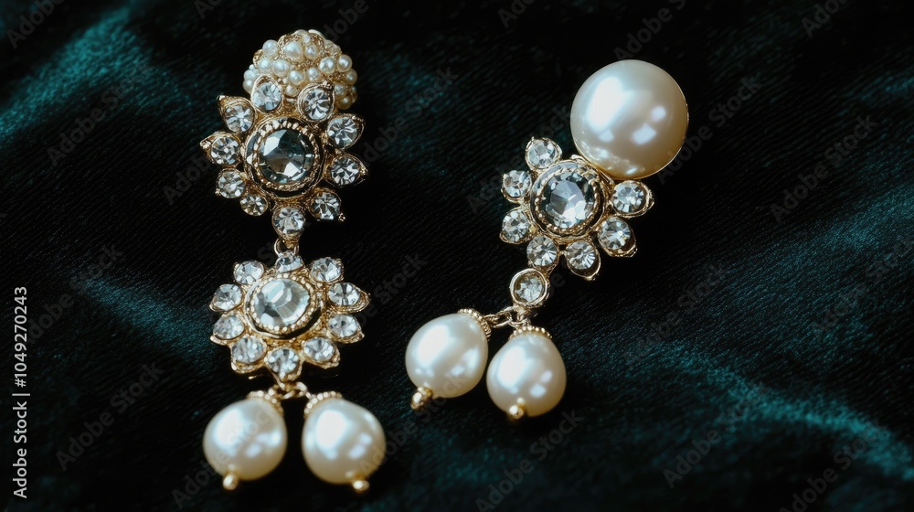 Elegant Pearl and Crystal Earrings on Velvet Fabric Elegant Pearl and Crystal Earrings on Velvet Fabric
