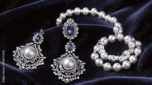 Elegant Pearl and Sapphire Jewelry Set on Soft Fabric