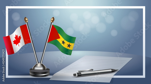 Canada and Sao Tome and Principe Small national flag on bokeh background, cooperative relationship