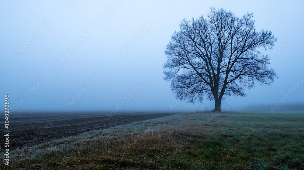 Solitary Oak Tree in Morning Mist on Foggy Countryside Field : Generative AI Solitary Oak Tree in Morning Mist on Foggy Countryside Field : Generative AI