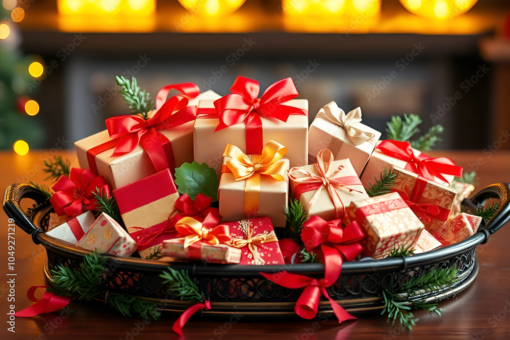 multi-colored christmas gifts with red, gold and green bows, illumination Christmas lights in the background multi-colored christmas gifts with red, gold and green bows, illumination Christmas lights in the background