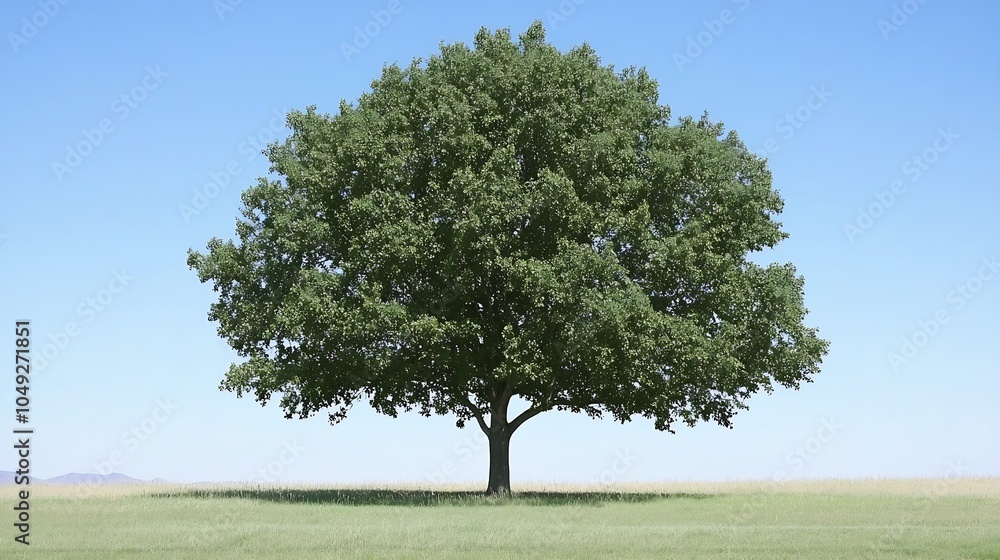 Fototapeta premium Majestic FullGrown Tree in Open Field Blue Sky Natural Background : Generative AI