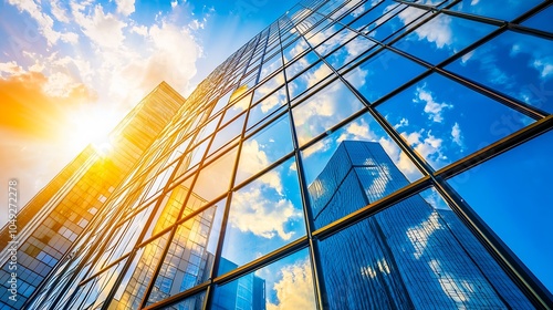 Stunning Modern Glass Skyscraper Reflecting Sky and Sunlight in Vibrant Urban Setting : Generative AI