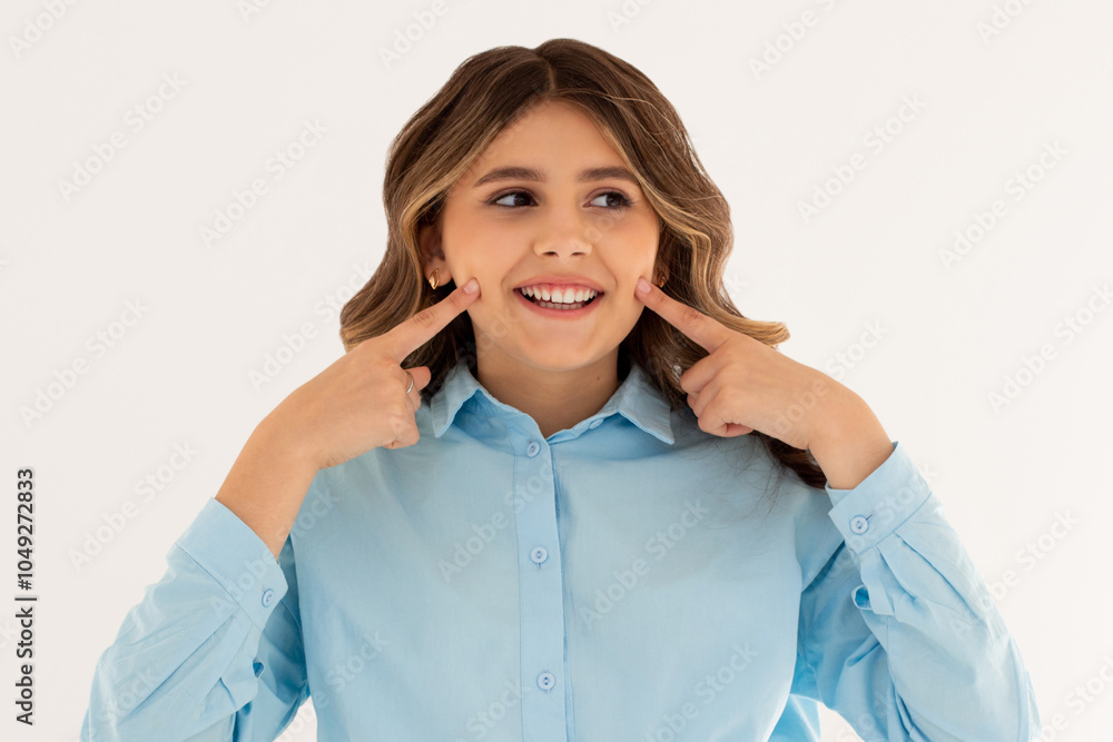 Portrait of beautiful woman happiness standing finger touch cheek on white background, businesswoman is a smiling on concrete, business people concept. Portrait of beautiful woman happiness standing finger touch cheek on white background, businesswoman is a smiling on concrete, business people concept.