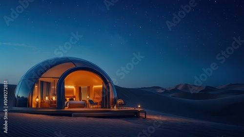 Modern, futuristic, dome-shaped house in a desert at night with stars.
