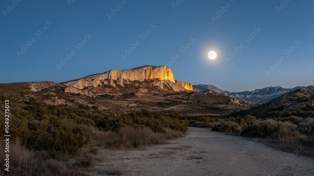 Obraz premium A dirt path leads towards a mountain illuminated by a full moon in the night sky.