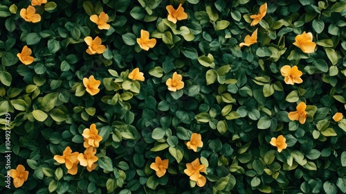 A vibrant arrangement of yellow flowers among lush green leaves in a natural setting.