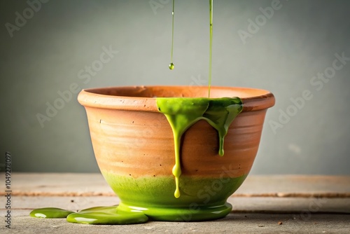 Olive green slime dripping from a cracked pot, pottery, art piece, studio, paint splatter photo