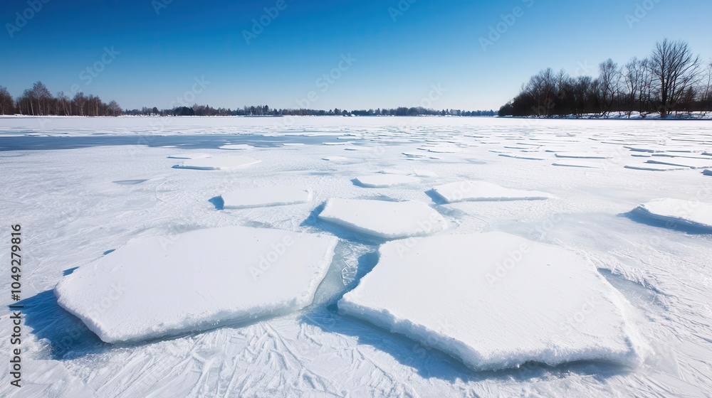 Frozen lake with intricate ice patterns, surrounded by snowcovered landscapes, frozen lake, winter s stillness Frozen lake with intricate ice patterns, surrounded by snowcovered landscapes, frozen lake, winter s stillness