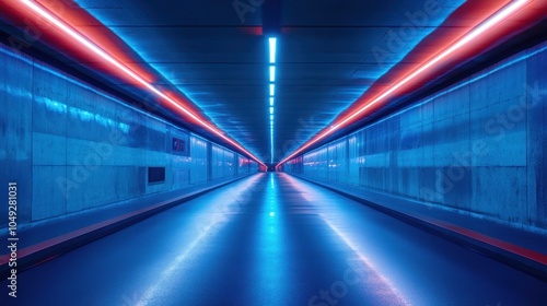 A futuristic underground tunnel illuminated by blue and red neon lights.