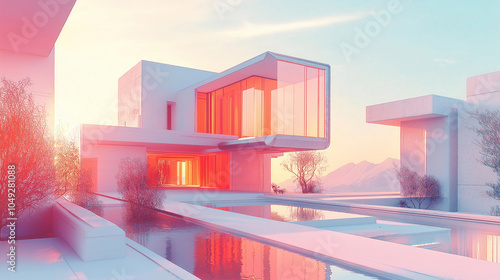 pastel rectanglular desert futuristic architecture office building background business backdrop abstract architectural wallpaper sunset pink silver reflection lights photo