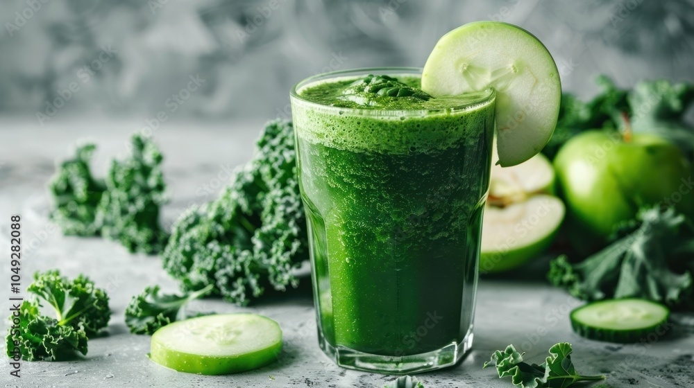 A glass of green smoothie with cucumber, kale and apples A glass of green smoothie with cucumber, kale and apples