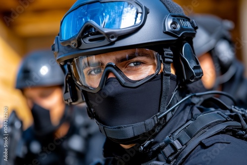 A law enforcement team raiding a building, tactically taking down a criminal gang in a fast-paced action scene photo