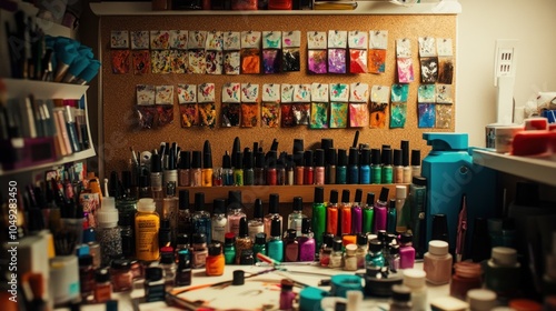 Wallpaper Mural A cluttered artist's workspace with paint, brushes, and a corkboard filled with small art pieces. Torontodigital.ca