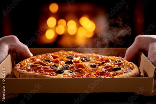 A person sitting on their couch, unboxing a takeaway pizza with excitement, steam rising from the fresh pizza