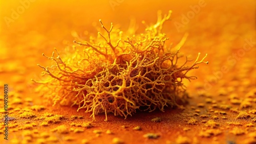 Slime mold growing on a saffron-colored substrate, fungus, slime mold, growth, luminescent