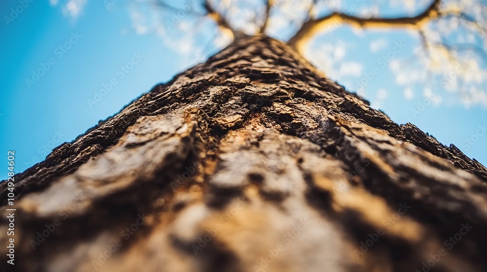 upward view of a tree trunk with textured bark under a blue sky : Generative AI upward view of a tree trunk with textured bark under a blue sky : Generative AI