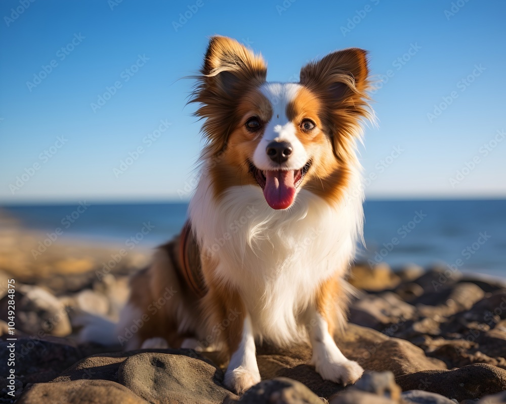 Fototapeta premium A fluffy golden puppy, sitting calmly in the warm sunlight, gazes sweetly into the camera. Its soft fur glows against the blurred nature backdrop, creating a serene scene.