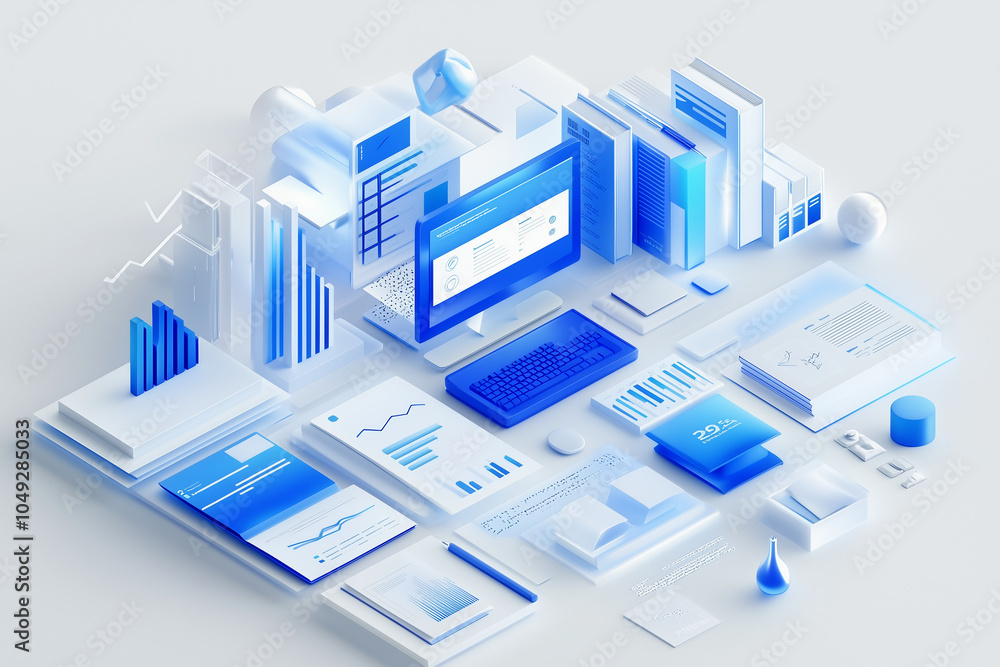 A blue and white gradient isometric illustration of an abstract dashboard with bar charts, books, documents, and computer screens A blue and white gradient isometric illustration of an abstract dashboard with bar charts, books, documents, and computer screens