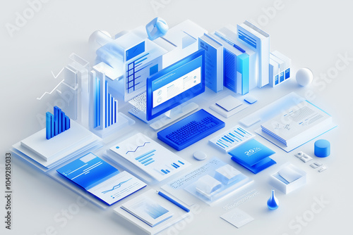 A blue and white gradient isometric illustration of an abstract dashboard with bar charts, books, documents, and computer screens
