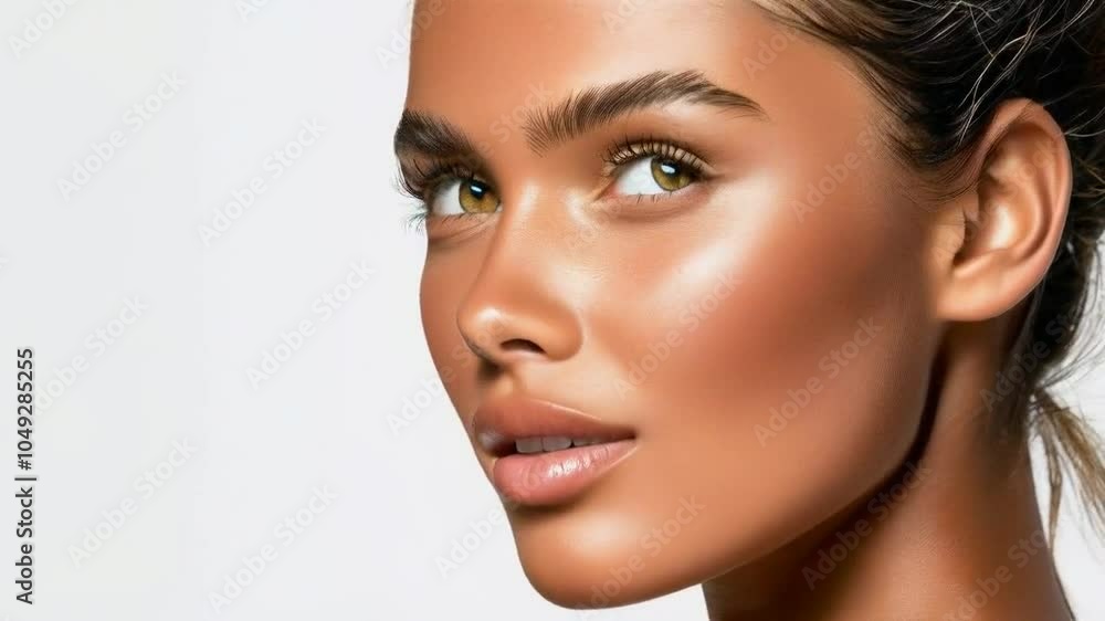 A close-up portrait of a woman with glowing skin and defined features. A close-up portrait of a woman with glowing skin and defined features.