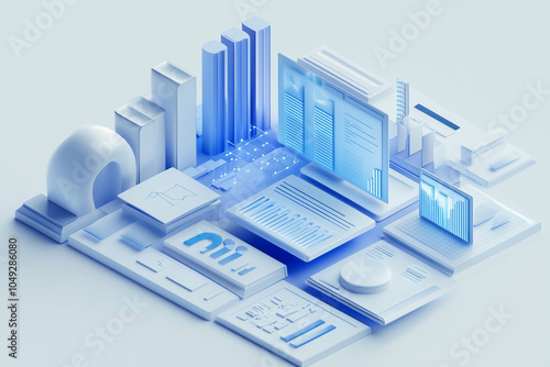 A blue and white gradient isometric illustration of an abstract dashboard with bar charts, books, documents, and computer screens