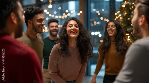 Employees rehearsing a fun skit for the New Year’s party – The essence of happiness and fun, where laughter fills the room as colleagues prepare a surprise performance, working in