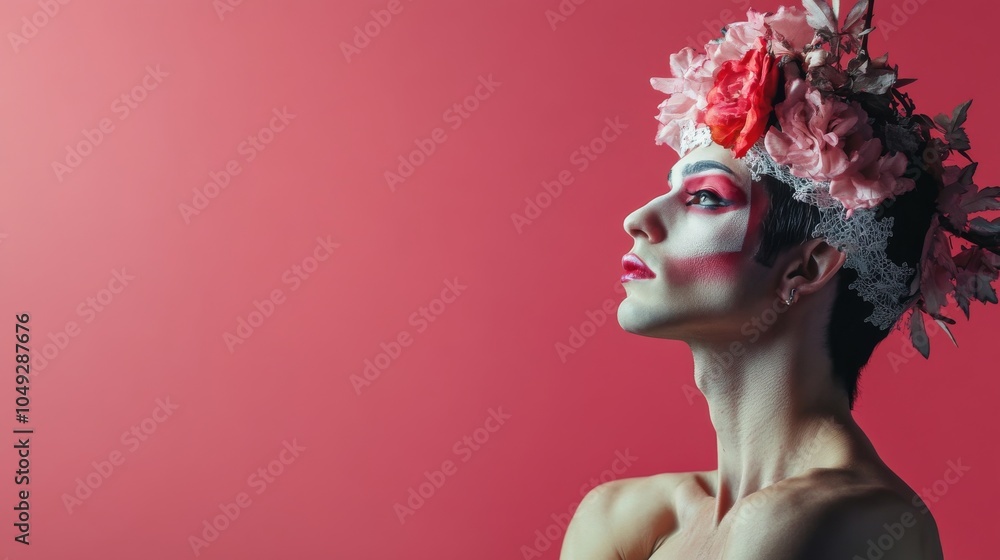 Obraz premium Young transgender with artistic makeup posing wearing flower crown