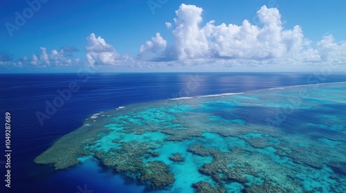 Aerial view of a vibrant coral reef system in a tropical ocean with clear blue water and white puffy clouds.