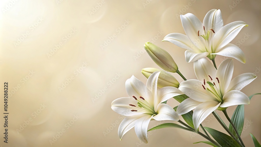 Fototapeta premium Soft and minimalist white lilies on translucent cream and beige background