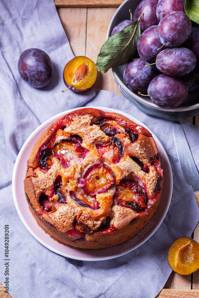 Plum pie with filling and sugar crust, sprinkled with powdered sugar and plums on a wooden table.