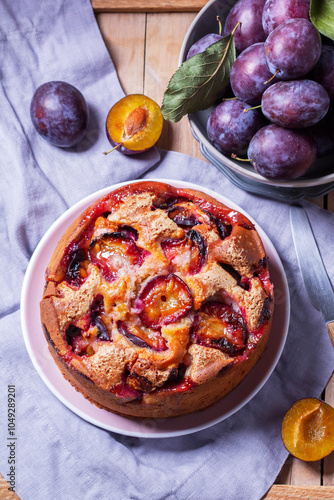 Obraz na płótnie Plum pie with filling and sugar crust, sprinkled with powdered sugar and plums on a wooden table. w salonie