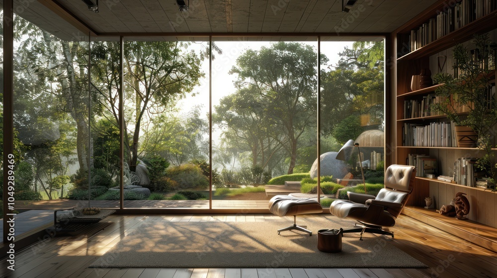 Modern Living Room with Large Windows Overlooking a Lush Green Forest Modern Living Room with Large Windows Overlooking a Lush Green Forest