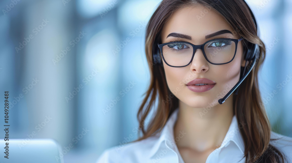 A dedicated support agent assists clients using a laptop, offering solutions through her headset in a busy call center. A dedicated support agent assists clients using a laptop, offering solutions through her headset in a busy call center.
