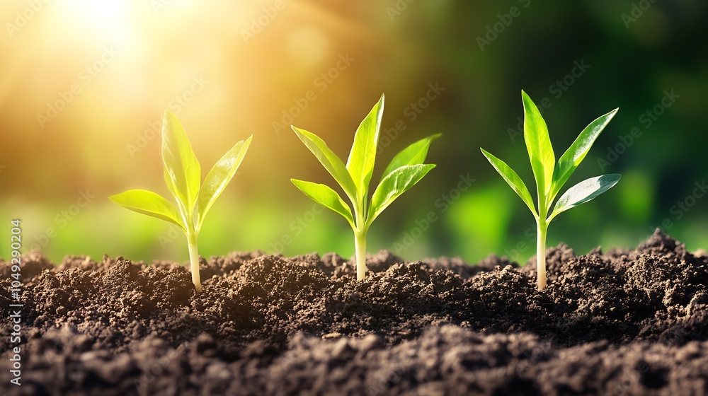 Three young seedlings basking in sunlight representing hope renewal and sustainable growth : Generative AI Three young seedlings basking in sunlight representing hope renewal and sustainable growth : Generative AI