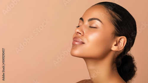 Captivating portrait of a black woman showcasing flawless skin and serene closed eyes, radiating beauty and calmness.