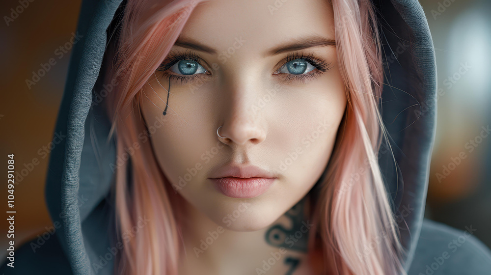 Φωτογραφία Trendy teen girl flaunting pink hair and tattoos in a cozy gray hoodie, embodying the hipster vibe indoors