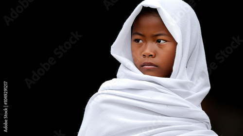 An Indonesian girl child shines in a pure white Islamic missionary costume, her elegance contrasted against a black backdrop.