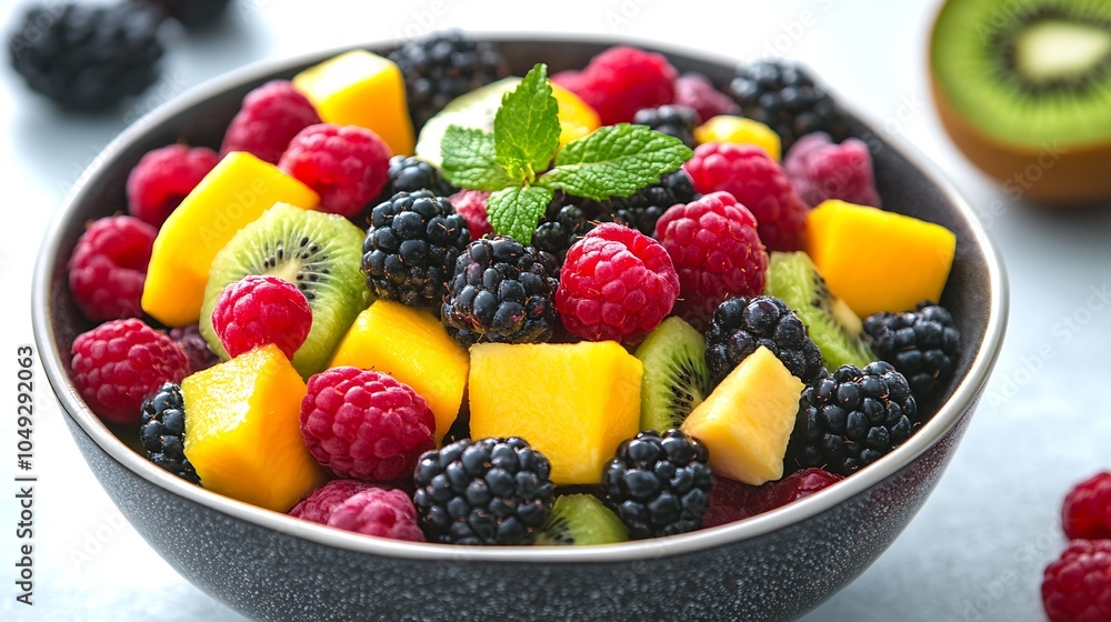 Bowl of Nutritious Fresh Fruit Salad with Berries Mango and Kiwi : Generative AI Bowl of Nutritious Fresh Fruit Salad with Berries Mango and Kiwi : Generative AI