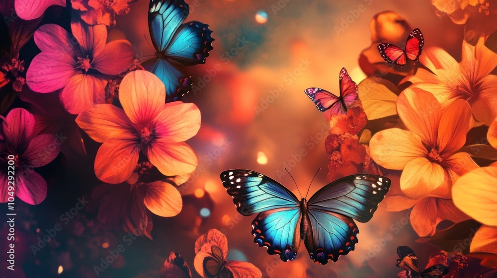 A vibrant scene of colorful butterflies among blooming flowers, evoking beauty and nature. A vibrant scene of colorful butterflies among blooming flowers, evoking beauty and nature.