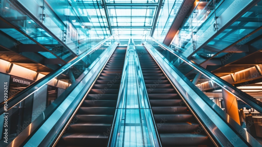 Modern Escalators in a Glass and Metal Structure Modern Escalators in a Glass and Metal Structure