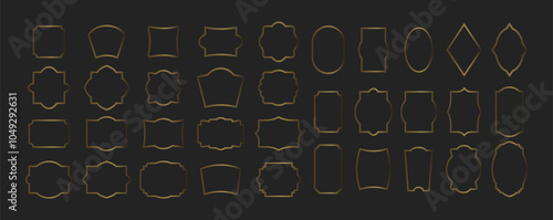 Set of simple line frames and borders with double stroke. Collection of gold blank templates to text decoration. Vector illustration on dark black background
