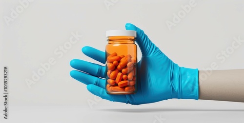 A mockup showcasing a blank jar of pills held in a bluegloved hand, perfect for showcasing pharmaceutical designs. photo