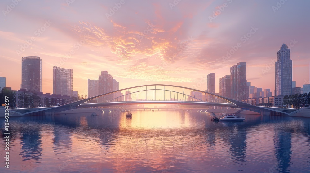 Modern City Skyline with Bridge and Pink Sunset Reflection Modern City Skyline with Bridge and Pink Sunset Reflection