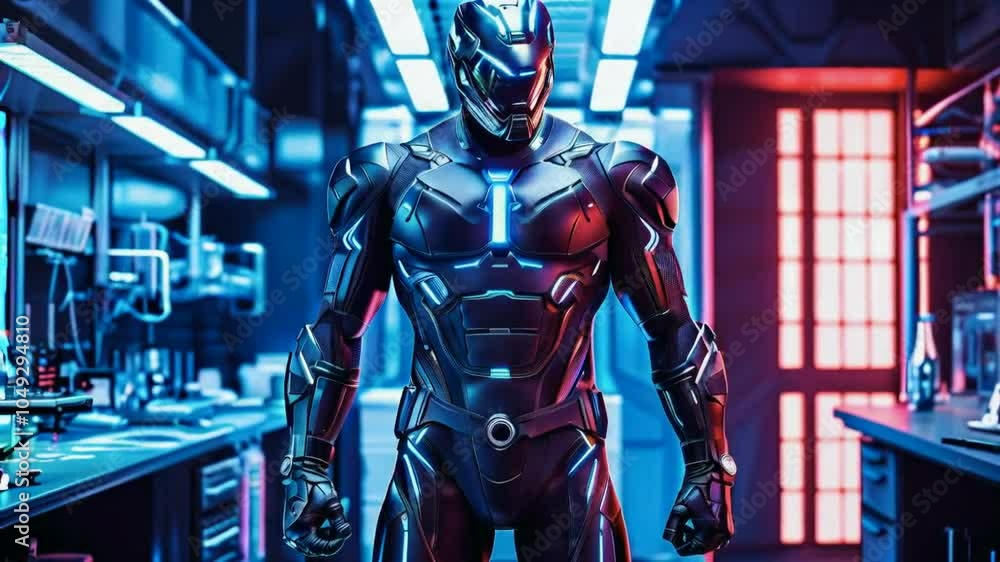 A futuristic armored figure stands in a high-tech environment, showcasing advanced technology. A futuristic armored figure stands in a high-tech environment, showcasing advanced technology.