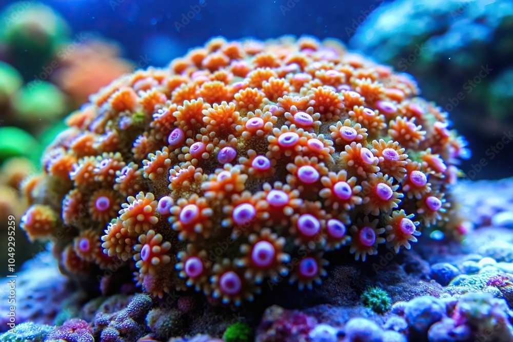 Fototapeta premium A cluster of tiny coral polyps drips off the edge of a submerged boulder into the ocean, coral, tidal pool, rock formation, marine life, sea floor