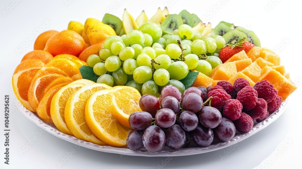A beautifully arranged fruit platter featuring grapes alongside other fresh fruits, presented against a clean white table for a healthy feast A beautifully arranged fruit platter featuring grapes alongside other fresh fruits, presented against a clean white table for a healthy feast