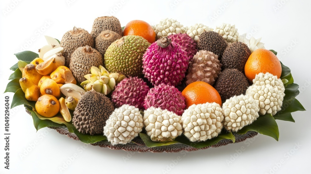 A beautifully arranged platter of canistel and other tropical fruits, showcasing their colors and textures on a clean white background A beautifully arranged platter of canistel and other tropical fruits, showcasing their colors and textures on a clean white background