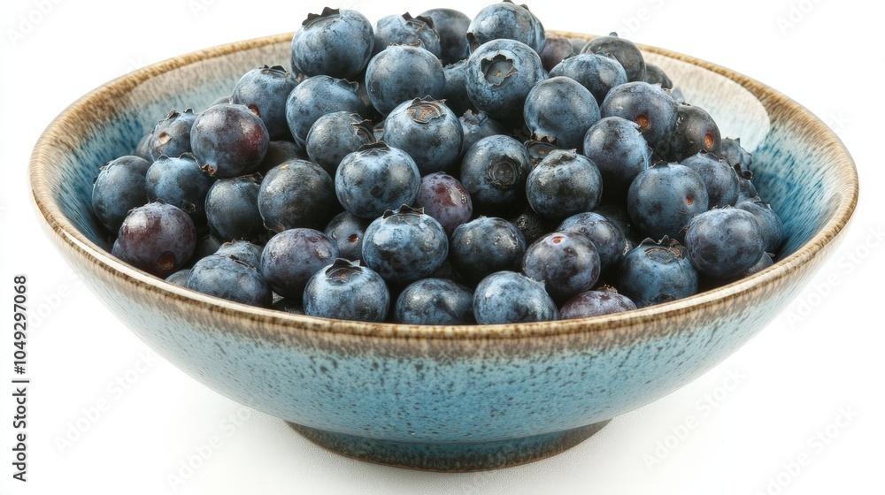 A bowl filled with plump blueberries, overflowing with freshness and vibrant color, beautifully presented on a bright white backdrop A bowl filled with plump blueberries, overflowing with freshness and vibrant color, beautifully presented on a bright white backdrop