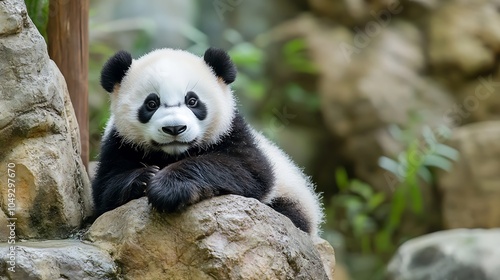 Curious Baby Panda Sitting on Rocks in Woodland Wilderness Environment : Generative AI photo